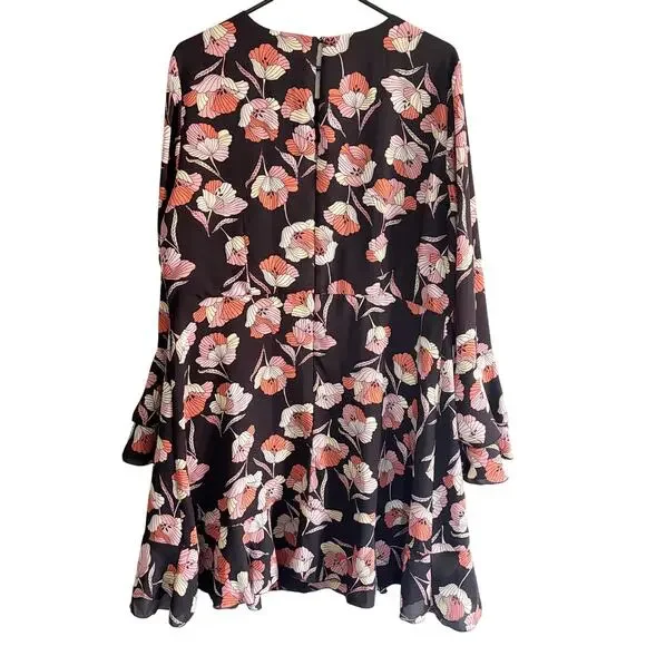 Who What Wear Dress Size L Black w/ Pink Cream Orange Floral Pattern Bell Sleeve - Picture 2 of 12